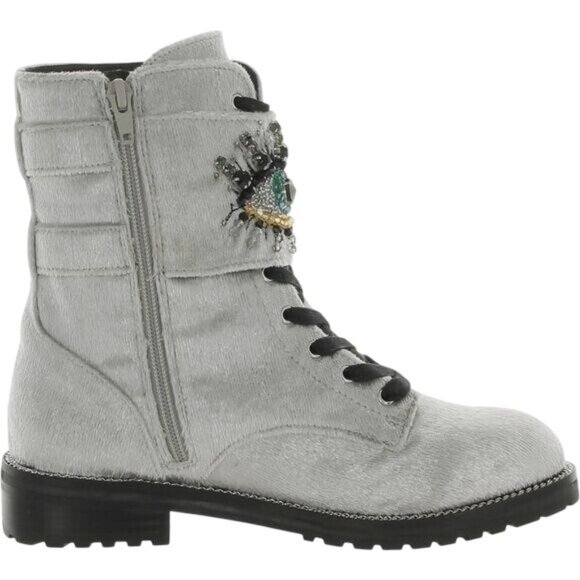 Kurt Geiger London Sutton Silver Velvet Leather Eye Embellished Combat Boots 10 - Picture 7 of 8